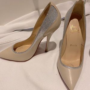 Christian Louboutin Nude Silver Tucsy 120 Glitter Leather Jazz Size 37.5 Pumps